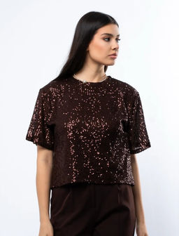 K13300 Футболка с пайетками КОРИЧНЕВЫЙ