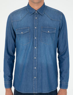 Синяя джинсовая рубашка классического кроя - Cacharel фото 6