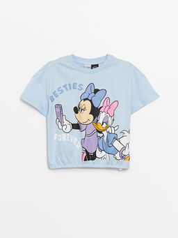 Bisiklet Yaka Minnie Mouse Bask?l? K?sa Kollu K?z ?ocuk Crop Ti??rt