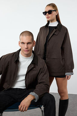 Kahverengi Regular Fit Kadife Yaka Detayl_ Unisex Mevsimlik Mont TMNAW25MO00017 - Trendyolmilla фото 2