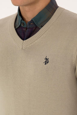 Erkek Slim Fit V Yaka Haki Melanj Basic Triko Kazak - U.s. polo assn фото 7