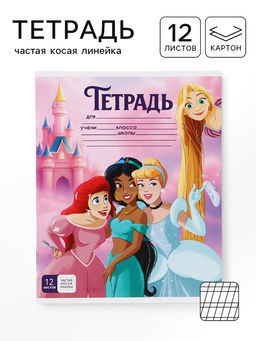 Цена за 20 шт. Тетрадь 12 листов, частая косая линейка «Принцессы»
