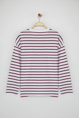 Ekru Cizgili Oversize/Genis Kesim Bisiklet Yaka Ince Orme Sweatshirt TWOAW23SW00326