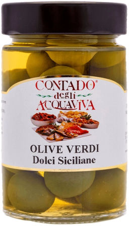 Оливки Дольчи Сицилиане зеленые с косточкой Contado Degli Acquaviva, 190 гр