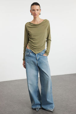 Yesil Modal Kumas Degaje Yaka Drapeli Vatkal? Asimetrik Orme Bluz TWOAW25BZ00031