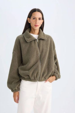 Oversize Genis Kal?p Polo Yaka Welsoft Pelus Fermuarl? H?rka