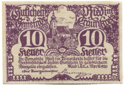 10 геллеров 1920 года Австрия Рид-им-Траункрайс (нотгельд)