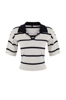 Lacivert Polo Yaka Cizgili Triko Bluz TWOSS26BZ00121