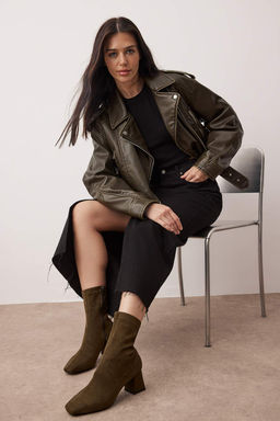 Haki Suet Strec Fermuarl? Kad?n 7 cm Blok Topuklu Bot TAKAW26BO00002