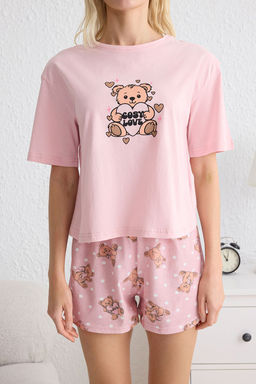 Trendyolmilla Pembe %100 Pamuklu Ay?c?kl? ve Puantiyeli Uyku Bantl? Sortlu Orme Pijama Tak?m? THMSS25PT00096  фото 3