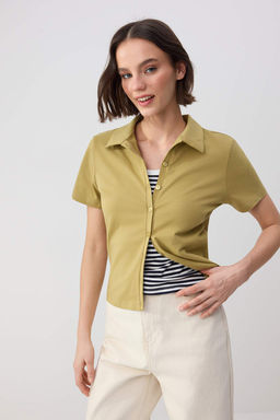 Wardrobe Essentials-Ac?k Haki Fitted/Vucuda Oturan Dugmeli Crop Esnek Orme Bluz TWOSS26BZ00272