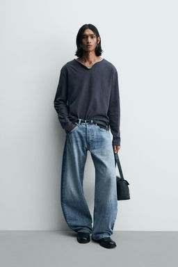 JEANS LOOSE BALLOON FIT BANDAS CONTRASTE / Azul medio