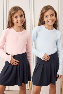 Pembe-Mavi 2li K?z Cocuk 100% Pamuk Duz Bisiklet Yaka Regular Orme T-Shirt TKDAW26TS00001