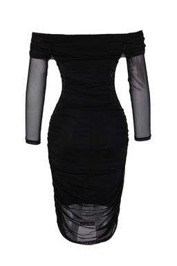 TRENDYOLMILLA Siyah Tul Buzgu/Drape Detayl? Vucuda Oturan Carmen Yaka Midi Orme Kalem Esnek Elbise TWOAW24EL00146 фото 7