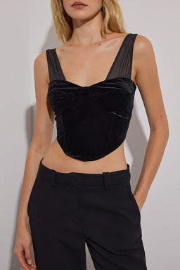 Limited Edition Siyah Kadife Kalp Yaka Tul Detayl? Party Bluz TPRAW26BZ00027 - Trendyolmilla фото 3