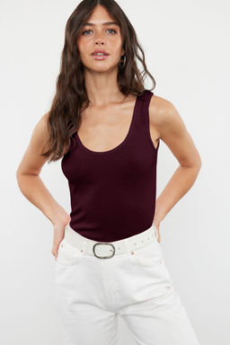 Bordo Fitted/Vucuda Oturan Havuz Yaka Fitilli Esnek Orme Atlet TWOSS22AL0042