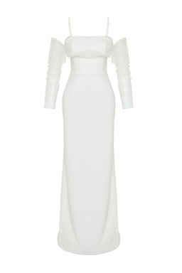 TRENDYOLMILLA Bridal Beyaz Vucuda Oturan Astarl? Dokuma Dugun/Nikah Uzun S?k Abiye Elbise TPRSS24AE00016  фото 7
