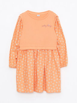 Bisiklet Yaka Bask?l? Uzun Kollu K?z ?ocuk Elbise