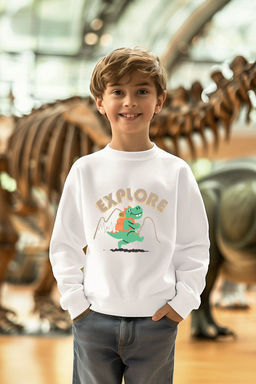 Ekru Erkek Cocuk Mevsimlik-Ince Dinozor Desenli Bisiklet Yaka Orme Sweatshirt TKDAW25SW00005