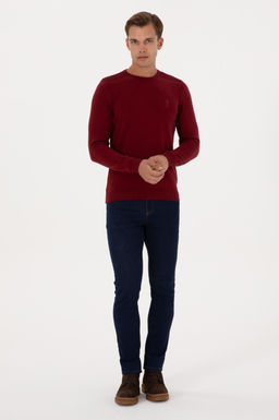 Erkek Slim Fit Bisiklet Yaka Bordo Basic Kazak