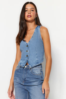 TRENDYOLMILLA Mavi V Yaka Fitted Denim Yelek TWOSS23YE00036