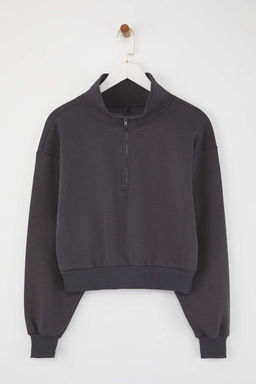 Antrasit Rahat Kesim Crop Fermuarl? Dik Yaka Kal?n Ici Polarl? Orme Sweatshirt TWOAW24SW00221