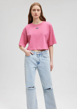 Mavi Logo Bask?l? Pembe Crop Tisort