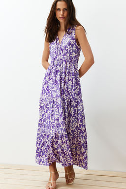 Koyu Mor Cicekli A-line V Yaka Kolsuz A-Line Polyester Kaskorse Maxi Elbise TWOSS22EL1588