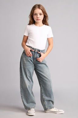 %100 Pamuk Baggy F_t Jean Pantolon K_z _ocuk