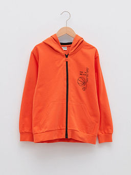 Kap??onlu Bask?l? Uzun Kollu Erkek ?ocuk Fermuarl? Sweatshirt