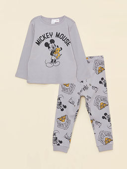 Bisiklet Yaka Uzun Kollu Mickey Mouse Bask?l? Erkek Bebek Pijama Tak?m?