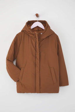 Kahverengi Duz/Basic Kal?n Kapusonlu Regular Unisex Cocuk Mont TKDAW26MO00016