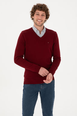 Erkek Slim Fit V Yaka Bordo Basic Kazak