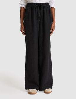 Siyah Loose Fit Keten Pantolon