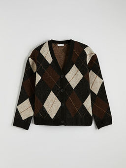 V Yaka Baklava Desenli Oversize Kad?n Triko H?rka