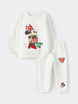 Bisiklet Yaka Uzun Kollu Minnie Mouse Bask?l? K?z Bebek Sweatshirt ve E?ofman Alt 2li Tak?m