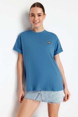 TRENDYOLMILLA Siyah %100 Pamuk Nak?sl? Oversize/Genis Kal?p Bisiklet Yaka Orme T-Shirt TWOSS24TS00102 фото 9