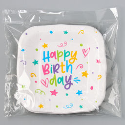 Цена за 10 шт. Тарелка одноразовая бумажная квадратная "Happy Birthday", звёздочки, 16,5х16,5 см