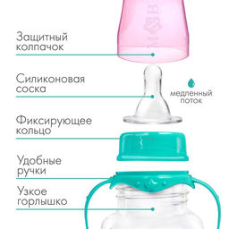 Бутылочка для кормления M&B «Волшебный единорог» от 0 мес., 150 мл, с ручками, цилиндр, бирюзовый