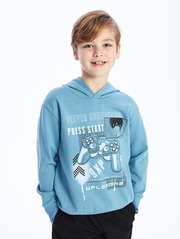 Bask?l? Uzun Kollu Erkek ?ocuk Hoodie