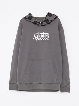 Kap??onlu Bask?l? Uzun Kollu Erkek ?ocuk Sweatshirt