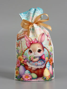 Цена за 50 шт. Пакет  полиэтиленовый подарочный "Заяц с цветами", с завязками, 15х23±1 см