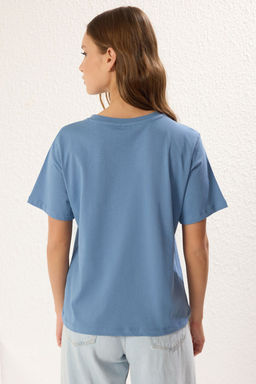 Indigo %100 Kal?n Pamuklu Regular/Normal Kal?p Bask?l? Orme T-Shirt TWOSS25TS00076