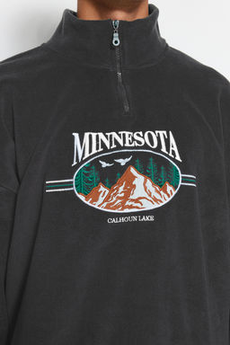 Antrasit Unisex Oversize/Genis Kesim Dik Yaka Anti-pilling Polar Sweatshirt TMNAW24SW00034