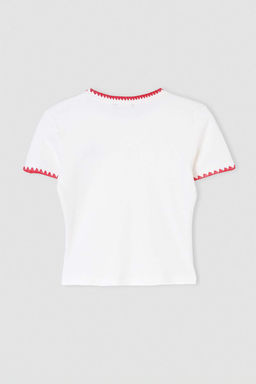 Ekru Bask_l_ Regular Bisiklet Yaka Diki_ Detayl_ K_sa %100 Pamuk _rme T-Shirt TWOSS26TS00356 - Trendyolmilla фото 4