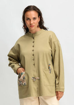 Жакет свободного кроя с контрастной отделкой оливковый