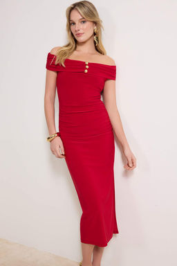K?rm?z? Kay?k Yaka Midi Astarl? Orme Elbise TPRSS26EL00055