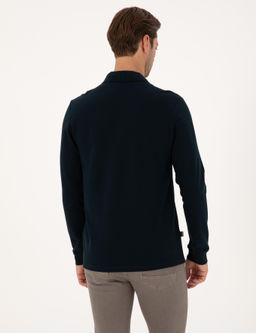 Lacivert Slim Fit K_vr_lmaz Fermuarl_ Polo Yaka Basic Pike Sweatshirt