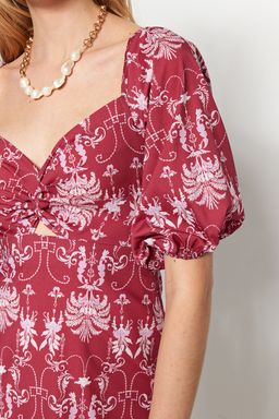 Bordo Duz Kesim Mini Pamuklu Kalp Yaka Desenli Dokuma Elbise TWOSS23EL00284 - Trendyolmilla фото 6