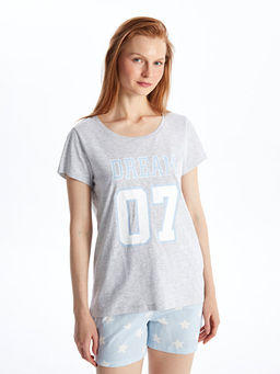 Bisiklet Yaka Bask?l? K?sa Kollu Kad?n ?ortlu Pijama Tak?m?